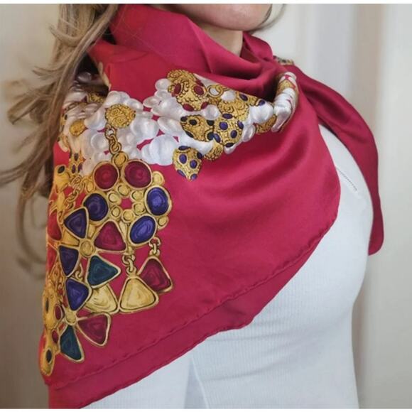 CHANEL Accessories - ❤️SOLD❤️ Chanel Red Jewel & Gripois Vintage Silk Scarf